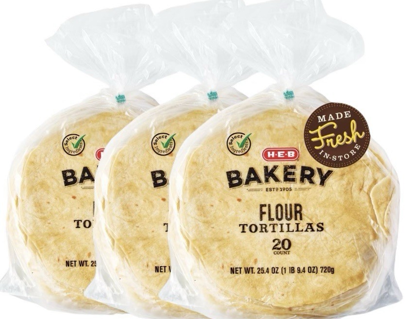 HEB Bakery Flour Tortillas (3 pack) 20 count each bag.