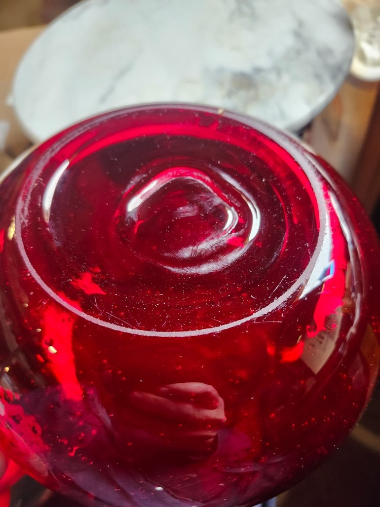 Artland Iris Ruby Red Hand Blown 80 oz Pitcher – 7.25" Tall, Seeded Bubbles