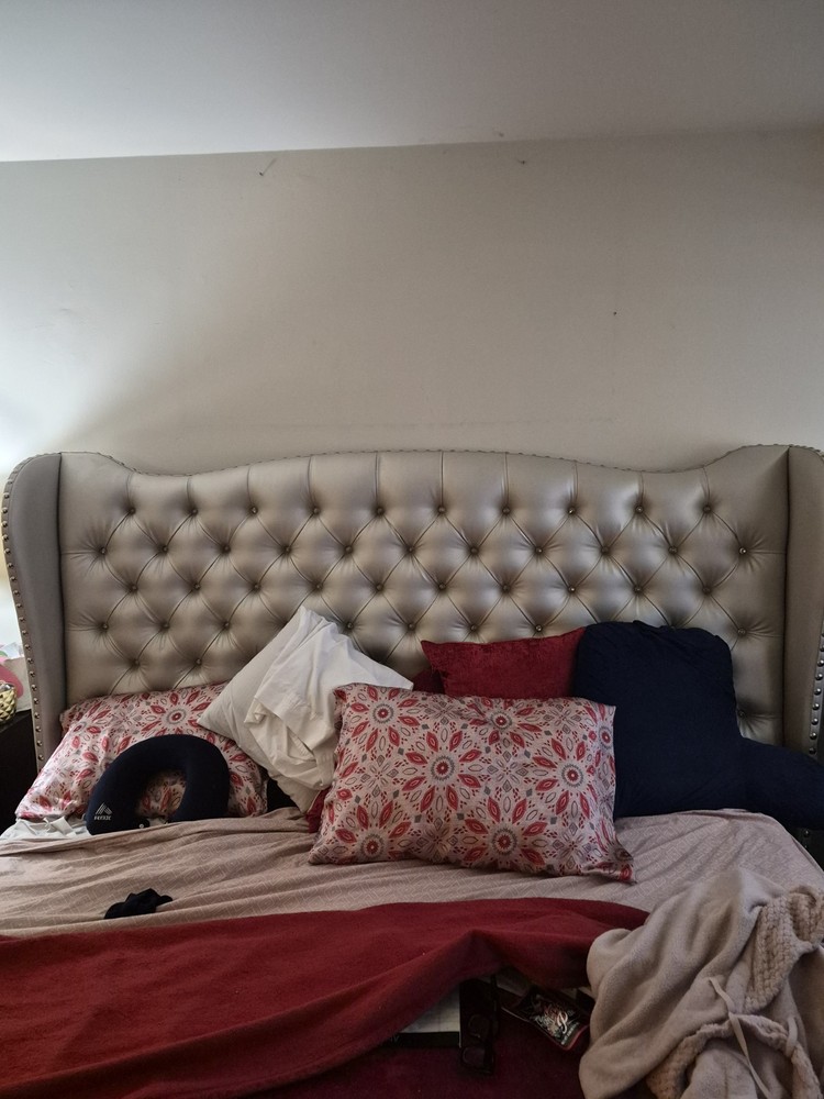 Tufted King Size Beige Fabric Modern Headboard with Wingback Design