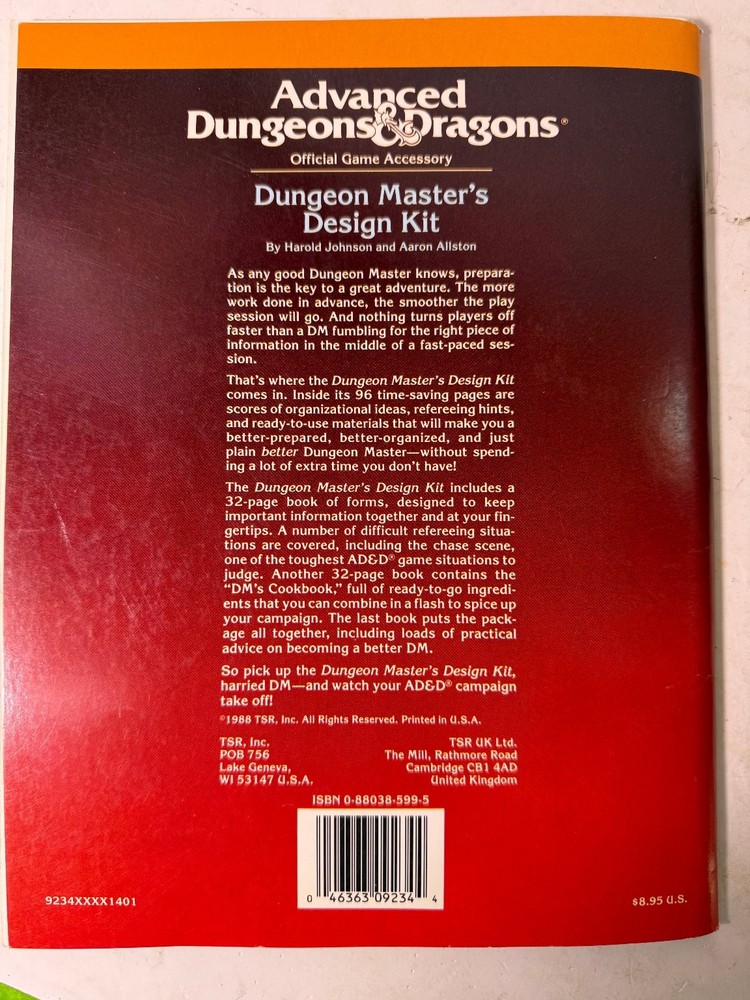 Advanced Dungeons & Dragons Dungeon Master's Design Kit 1988 TSR Paperback