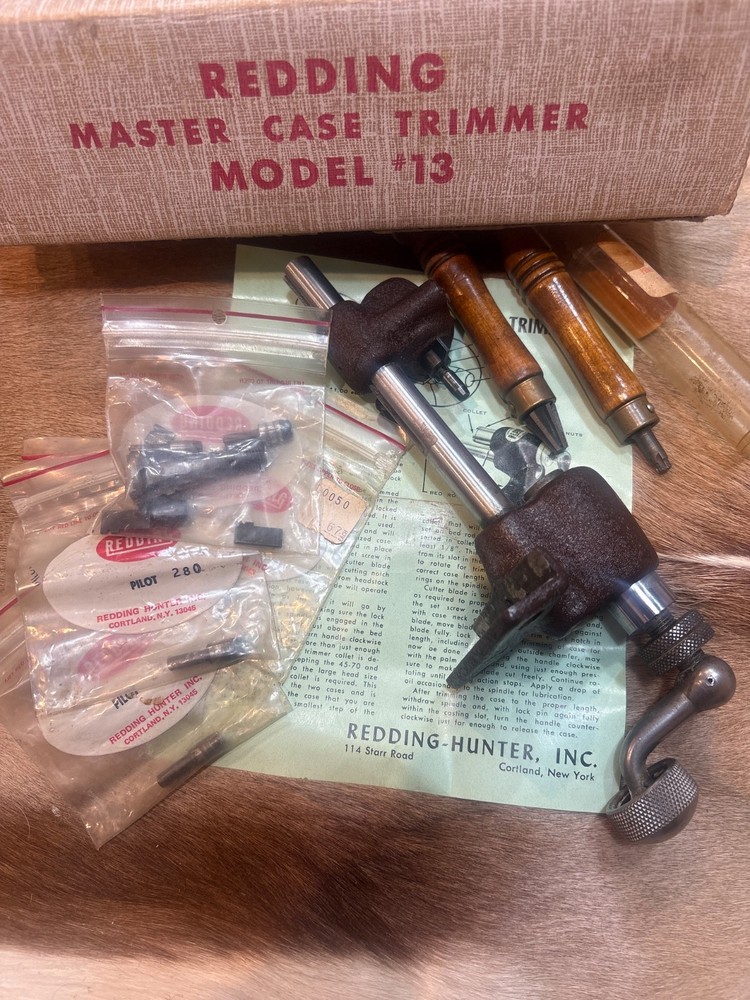 REDDING MODEL 13 MASTER CASE TRIMMER w ACCESSORIES.  BOX & DIRECTIONS.