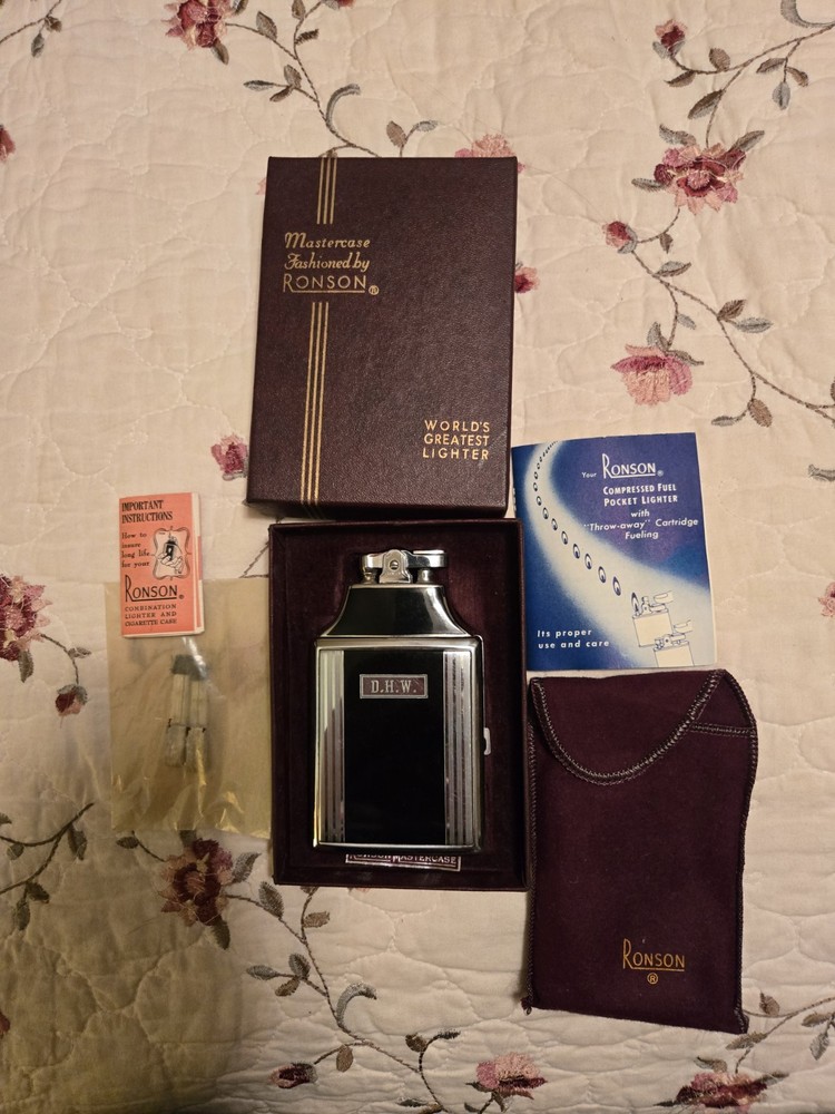 1950s Ronson Mastercase Lighter Includes Original Box Fabric Case Lots More!