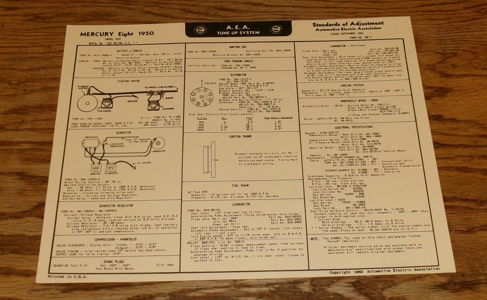 1950 Mercury Model OCM 8 Cylinder Tune-Up Chart 50