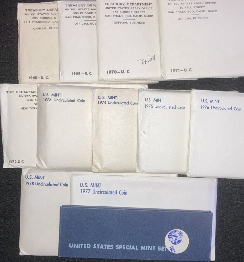 12 US Mints Sets 1967-1978; 12 SETS TOTAL Some Nice Toning