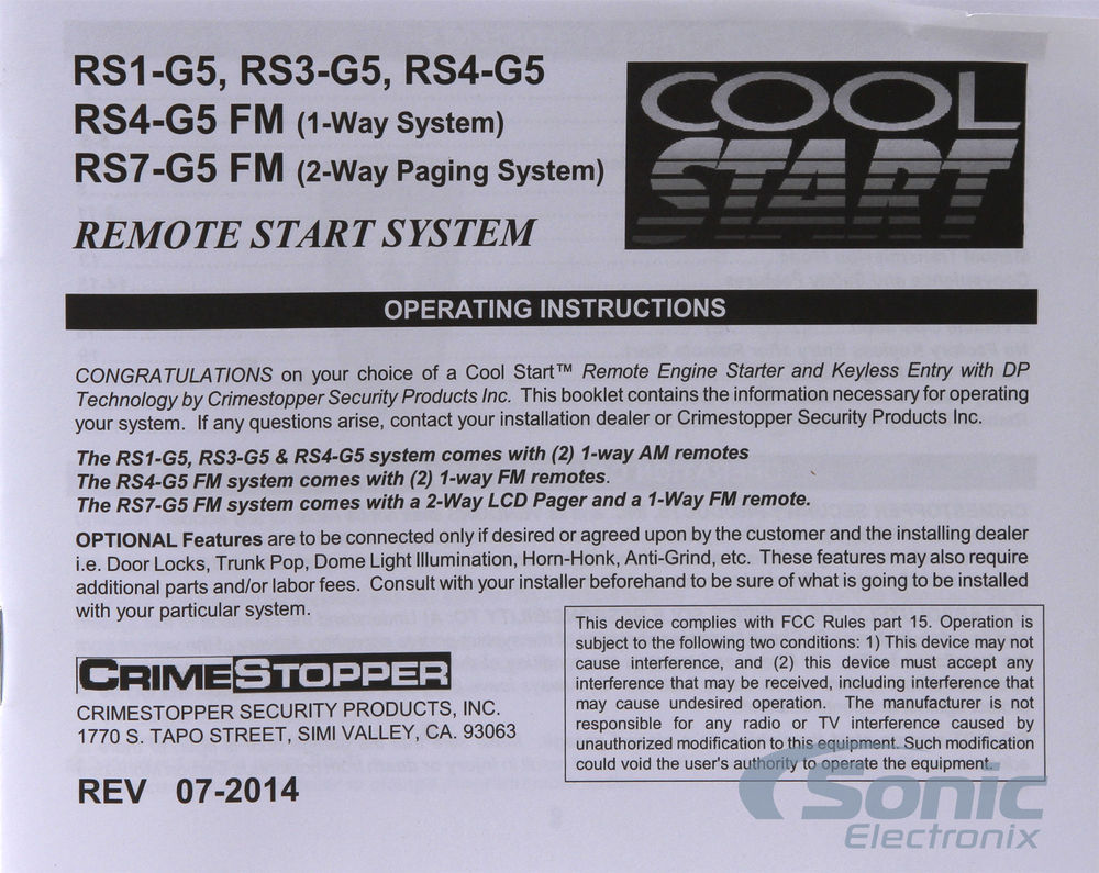 Crimestopper Cool Start RS4-G5 1-Way Remote Start and Keyless Entry System