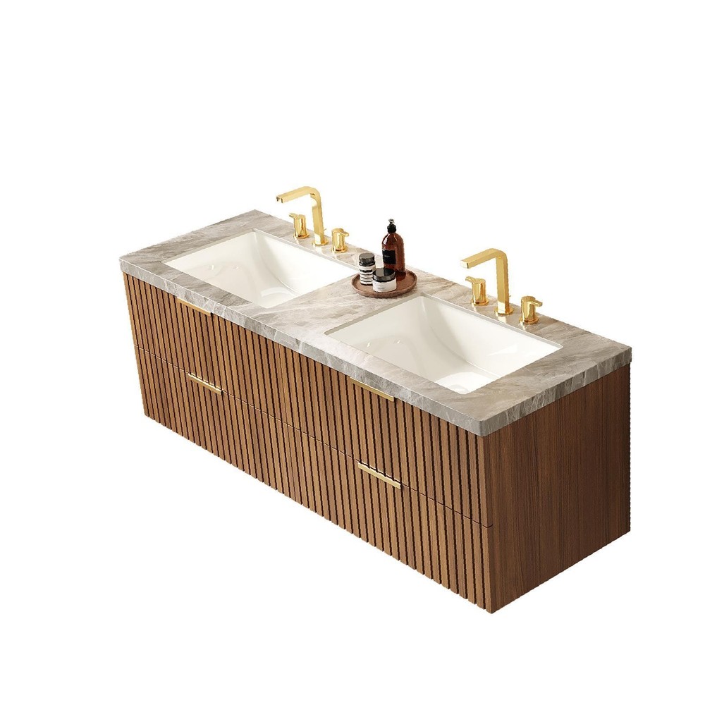60-Inch Bathroom Vanity with Double Basins, Wall-Mounted Storage