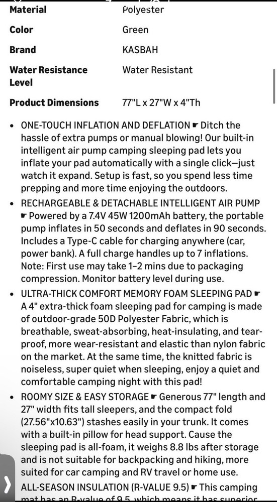 Sleeping Pad with Electric Pump, 4" Ultra-Thic