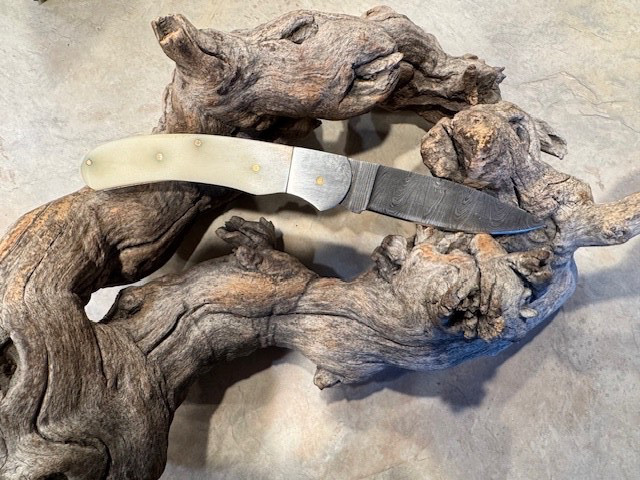 Big Damascus folding blade knife w/ white bone handle