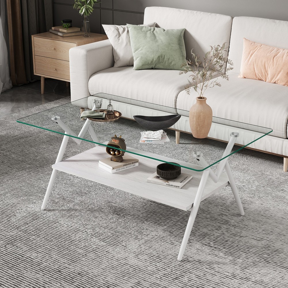 Rectangle Coffee Table with Tempered Glass top and White Metal Legs, Modern Tabl