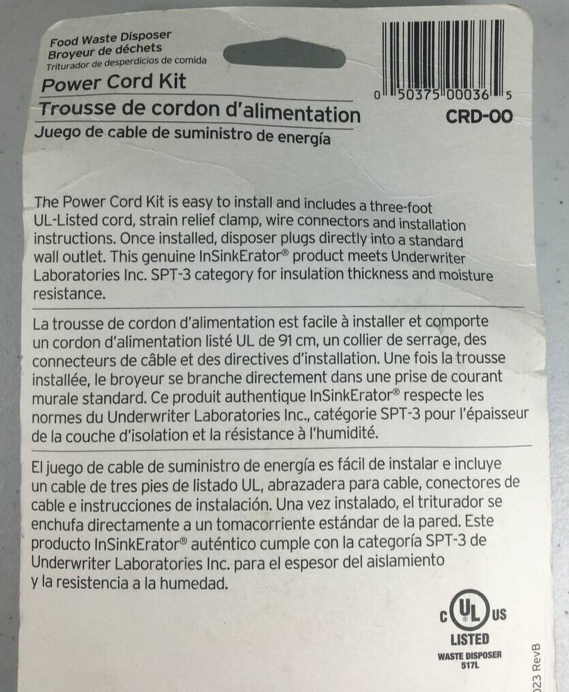 Power Cord Accessory Kit InSinkErator CRD-00 New