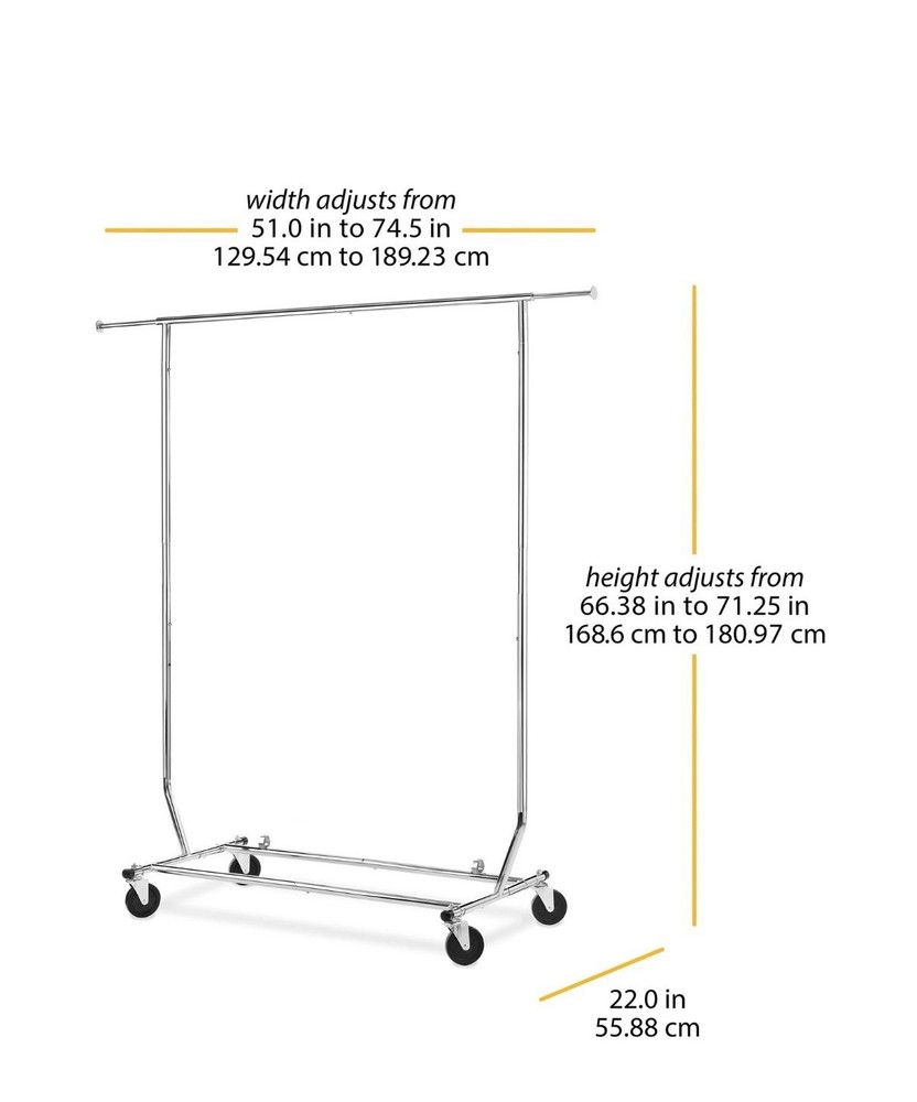 Whitmor Rolling Folding Garment Rack, Adjustable Width 51-74.5 in, Height 66-71