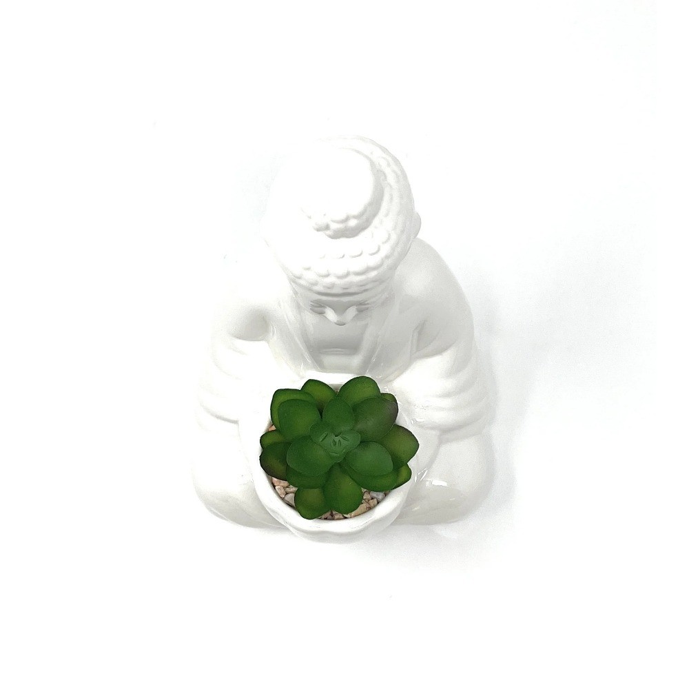 Artificial Succulent Arrangement in White Ceramic Planter with Buddha Design