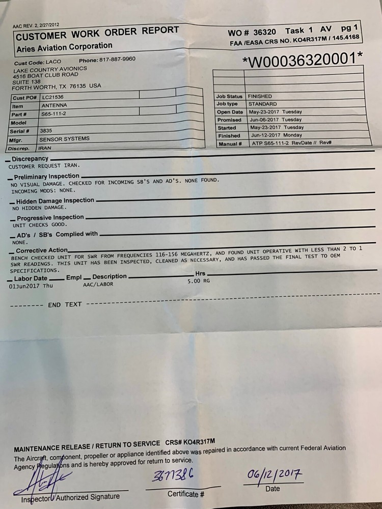 VHF Antenna S65-111-2 w/ June 2017 Inspected 8130