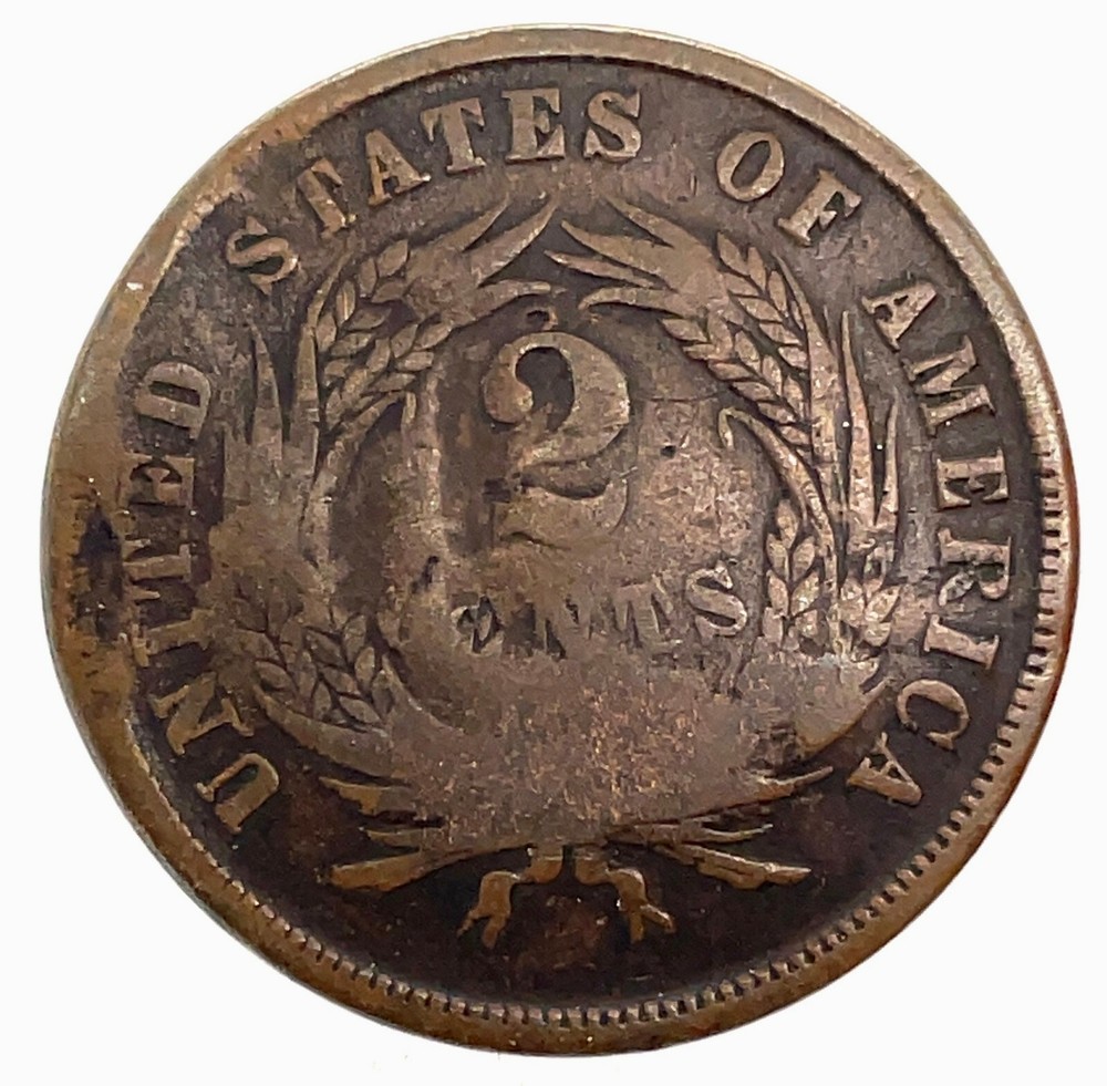 1865 2 cent piece ungraded a little bent damage.