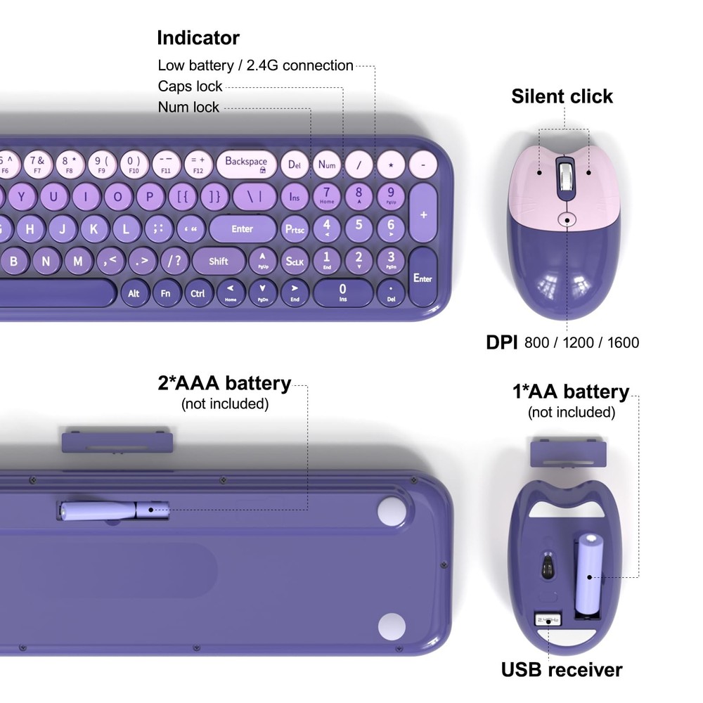 Wireless Keyboard and Mouse Combo, Portable Retro Keyboard with Compact Size,...