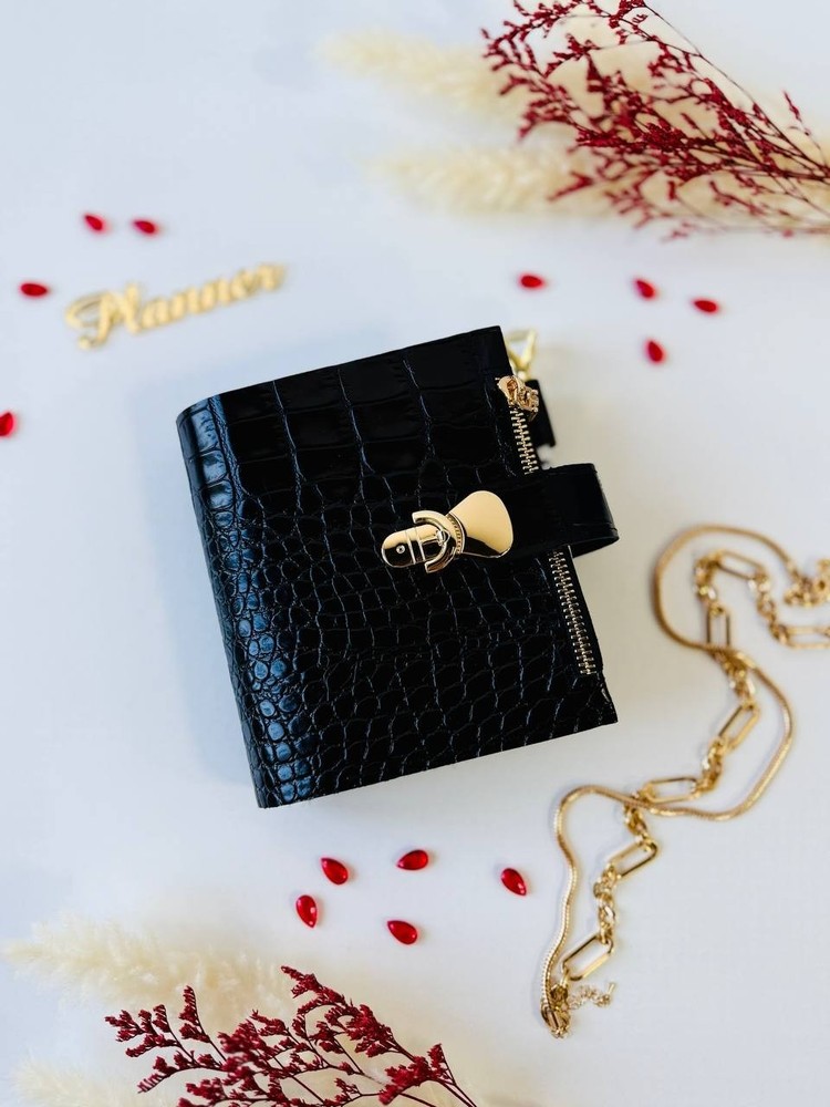 Black handmade leather cover notebook A7. Handcrafted gift.