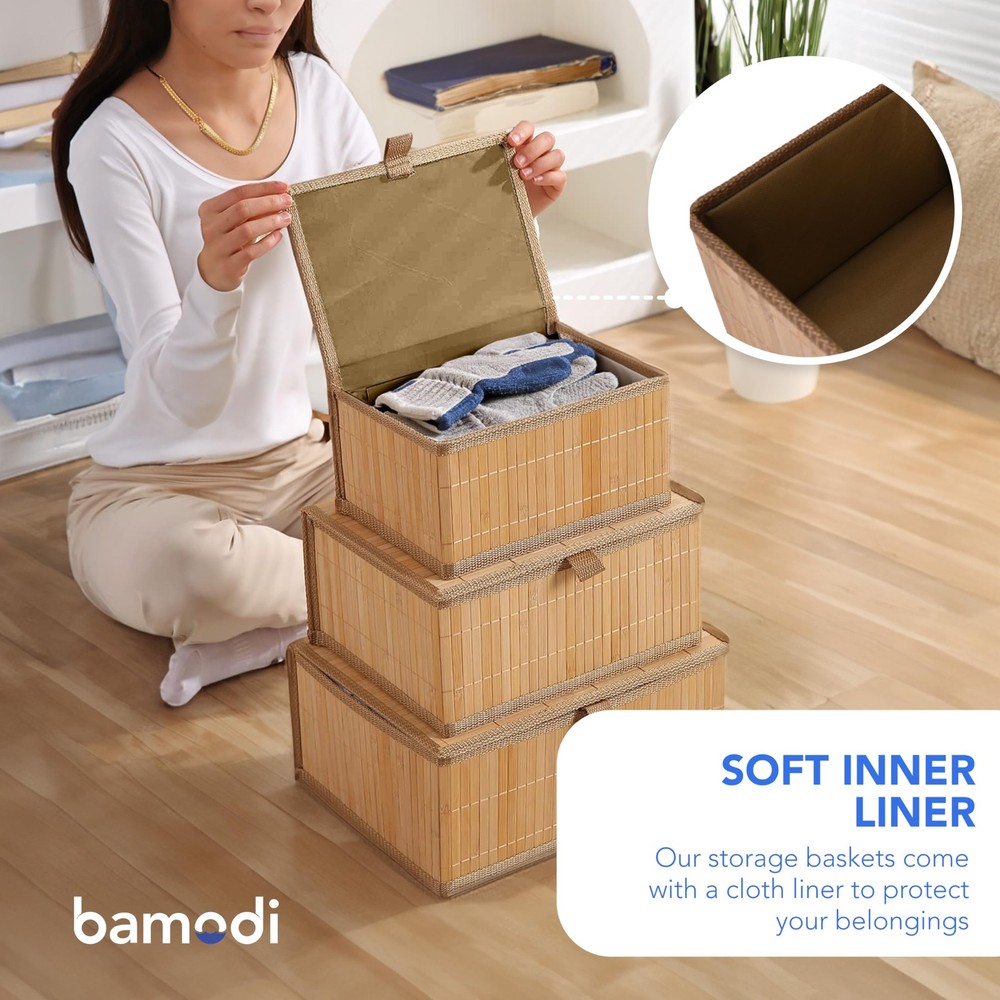 Bamboo Decorative Storage Boxes With Lids - Nesting Rectangular Lidded Box fo...