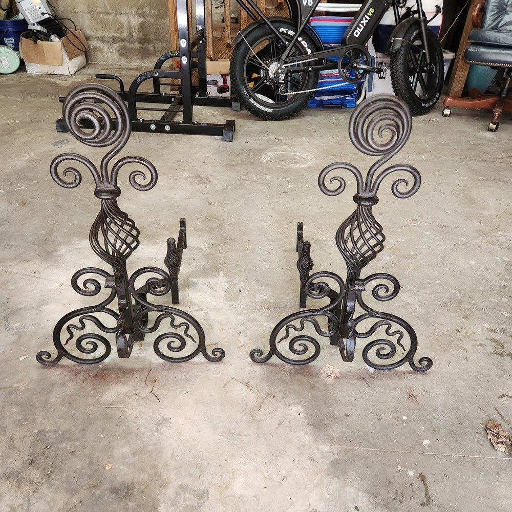 Antique 1900s Wrought Iron Fireplace Andirons pristine condition