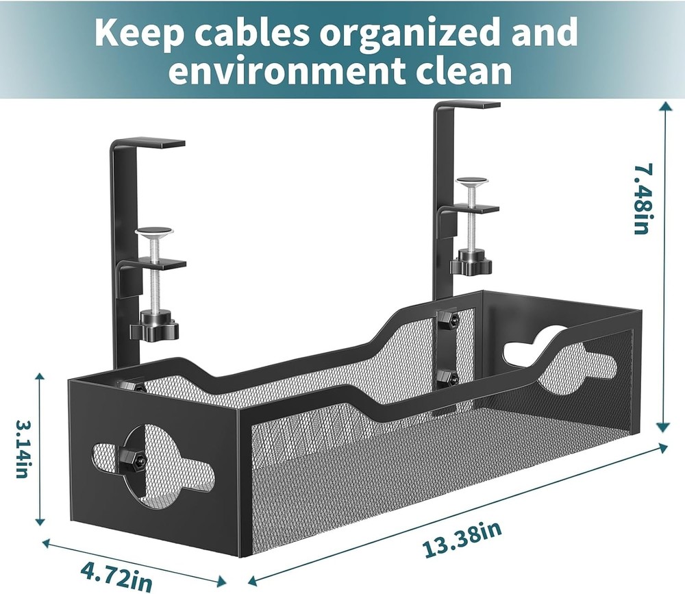 Space-Saving Metal Wire Management Tray for Desks - Easy Clamp Mount System
