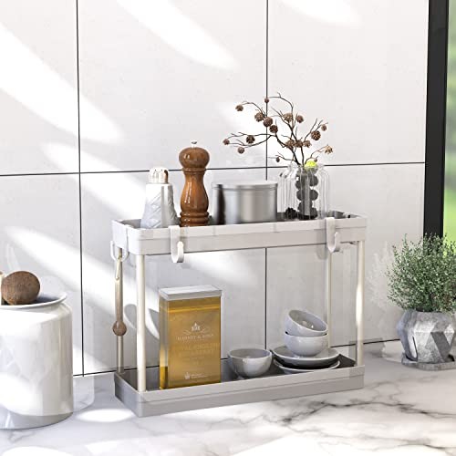 2-Tier Under Sink Organizer Storage Tray with Hooks White