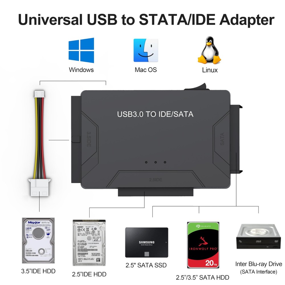 Hard Drive Reader USB 3.0 & Type C to SATA IDE Adapter, Internal Data Black