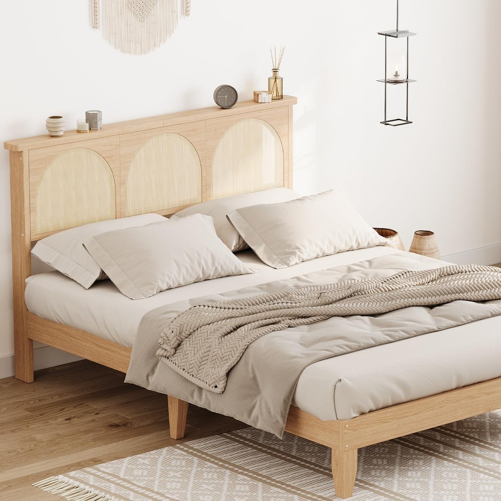 Queen/Full Size Platform Bed Frame W/LED Lights &Wood Headboard,Underbed Storage