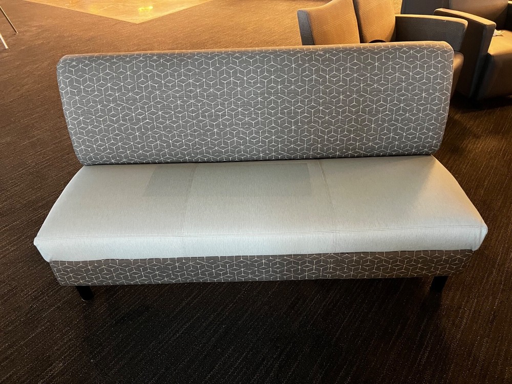 Modern Office Bench Seat – Blue & Gray Patterned Upholstery, Armless Lounge Seat