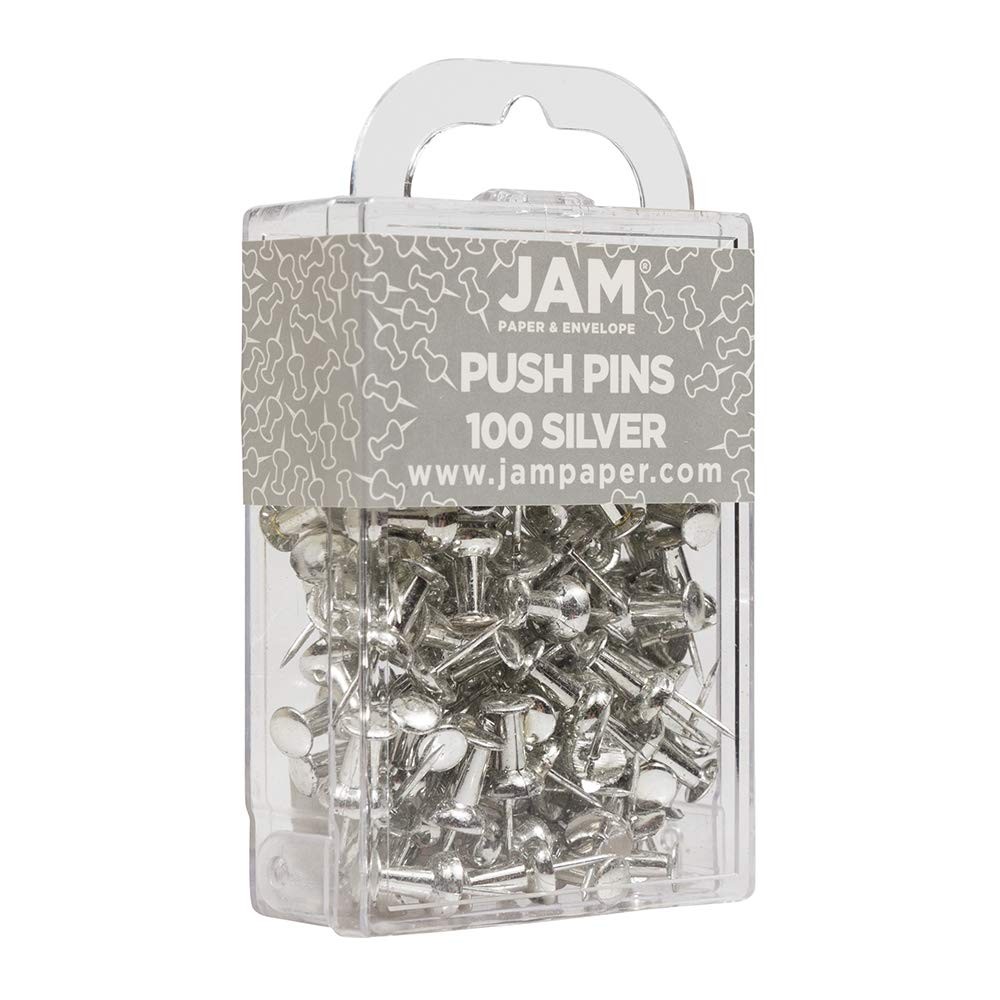 JAM PAPER Colorful Push Pins - Silver 100 Pack - Standard Head,