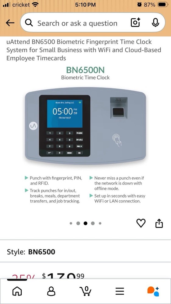 UAttend Biometric Fingerprint Time Clock System BN6500 For Small Buisness NEW!