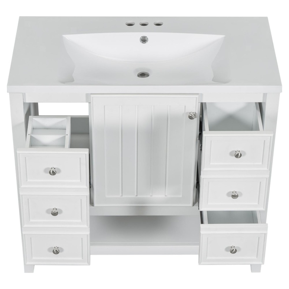 White Bathroom Vanity with 36” Ceramic Sink, Solid Wood & MDF, Ample Storage,