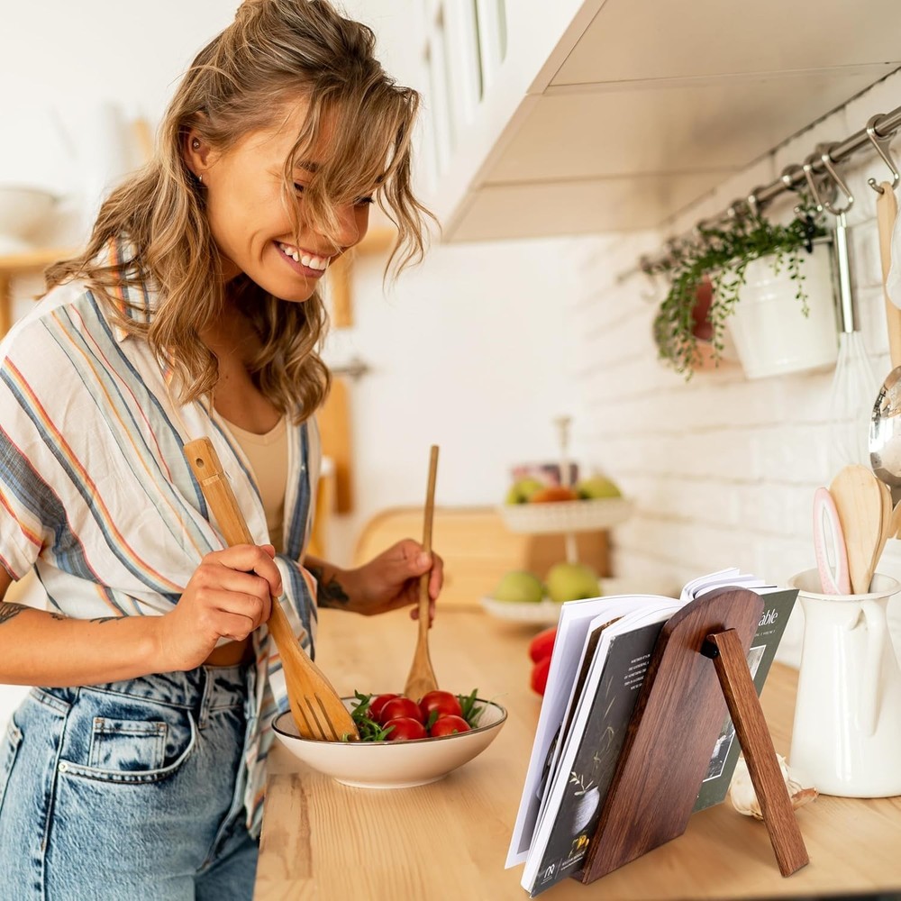Adjustable Kitchen Cookbook Stand - Space-Saving Design in Rich Walnut Finish