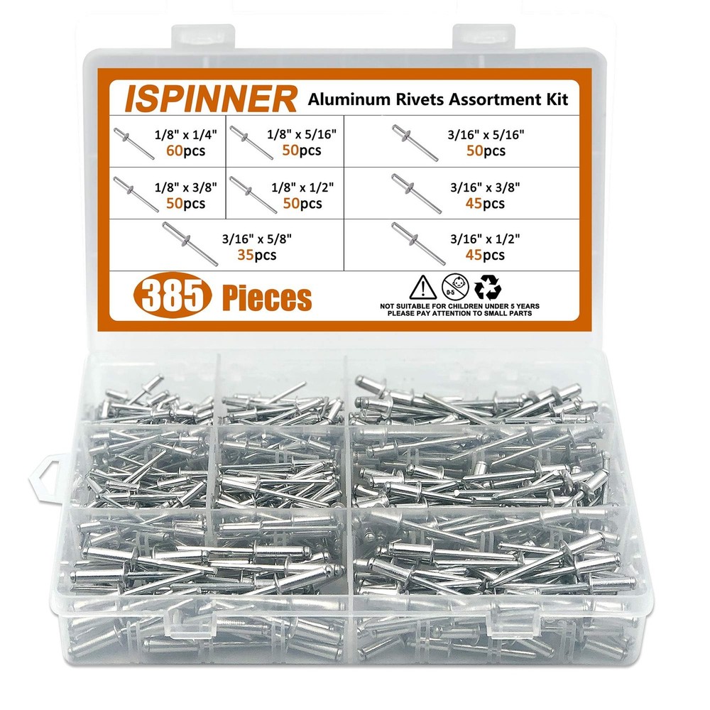 385pcs 8 Sizes Aluminum Blind Rivets, Pop Rivets Assortment Kit (Silver)