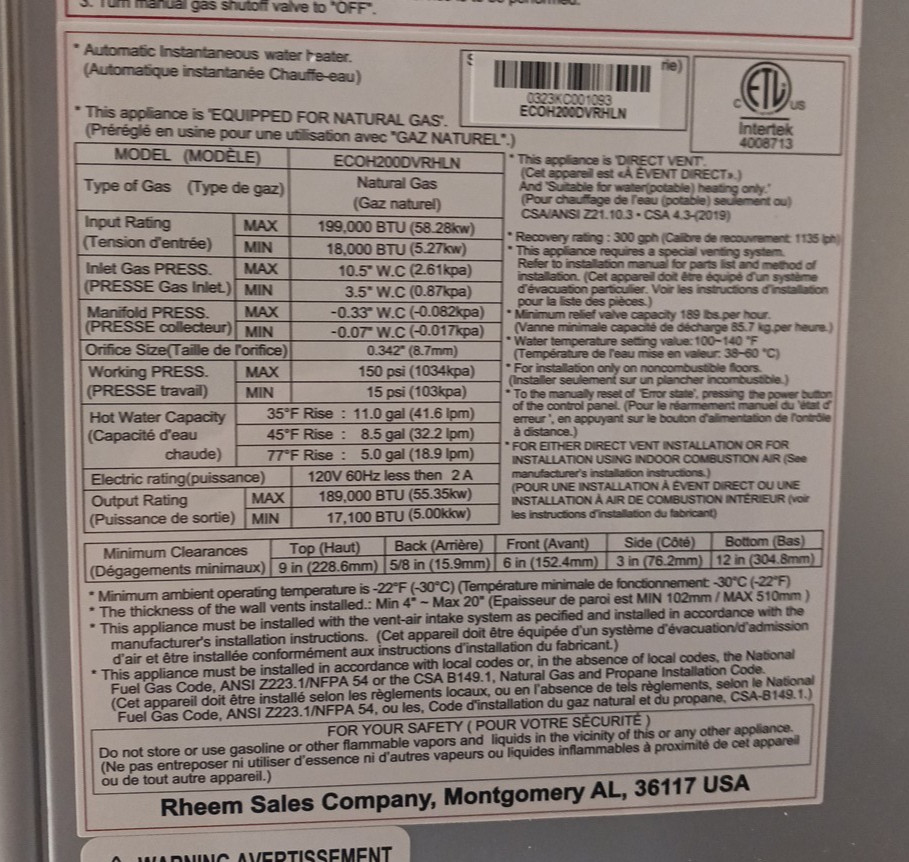 Rheem Performance Platnium ECOH200DVRHLN Tankless Water Heater (FOR PARTS ONLY)