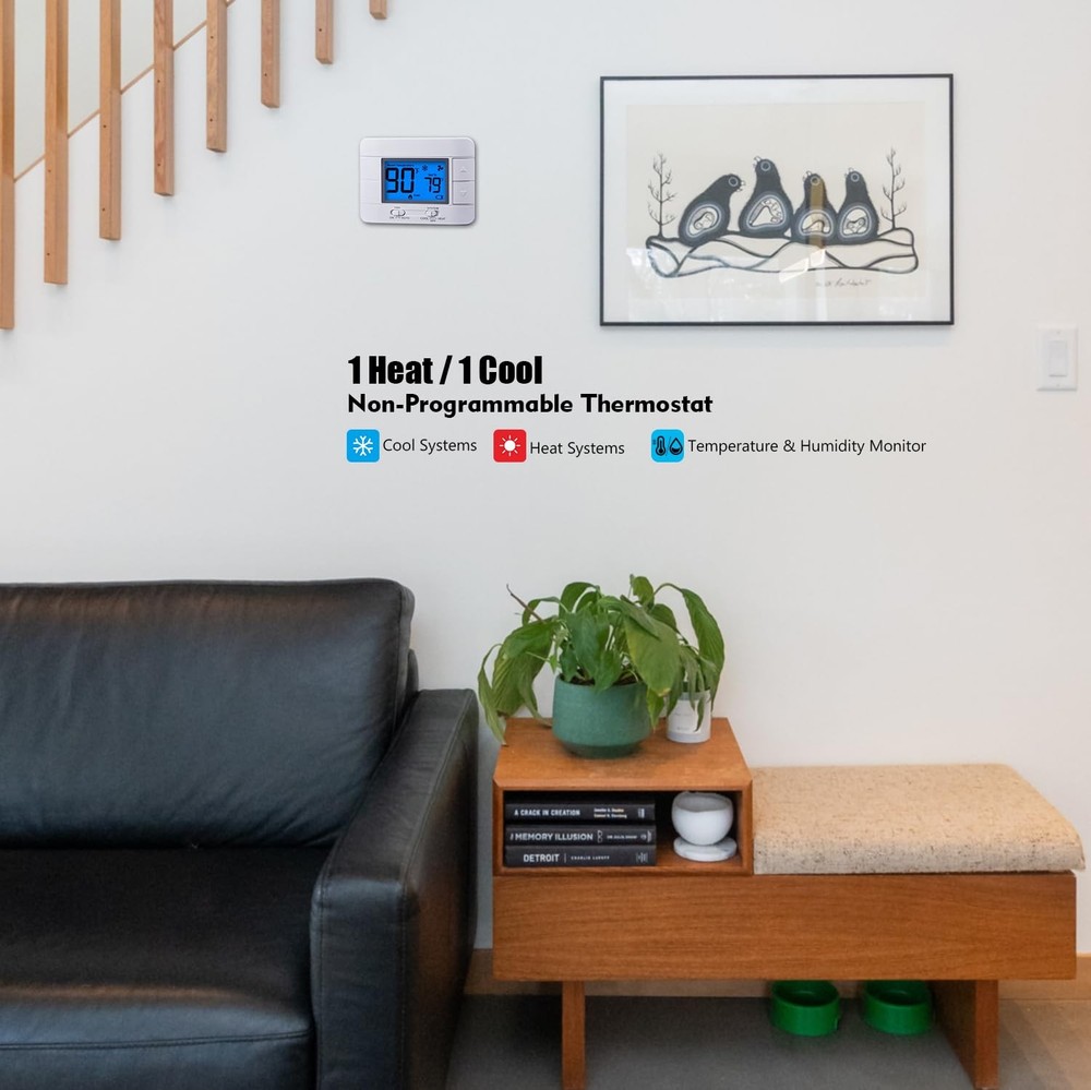 Non Programmable Thermostat for Home - Single Stage 1H/1C, Blue Backlight