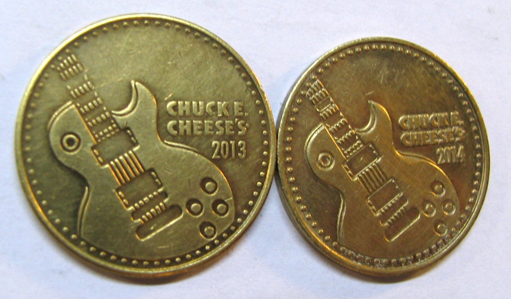 2013 & 2014 CHUCK E CHEESE ARCADE GAME BRASS COIN TOKENS * CHUCK E.ROCKS *
