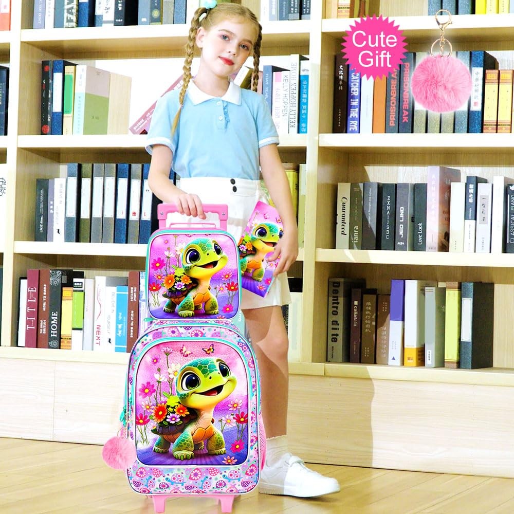 3 PCS Turtle Kids Rolling Backpack Roller Wheels Girls Elementary School Bag