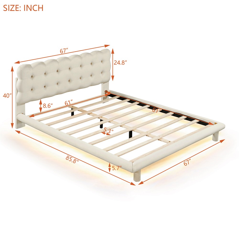 Queen Size Bed Frame Velvet Upholstered Platform Bed Frame w/ LED Lights New