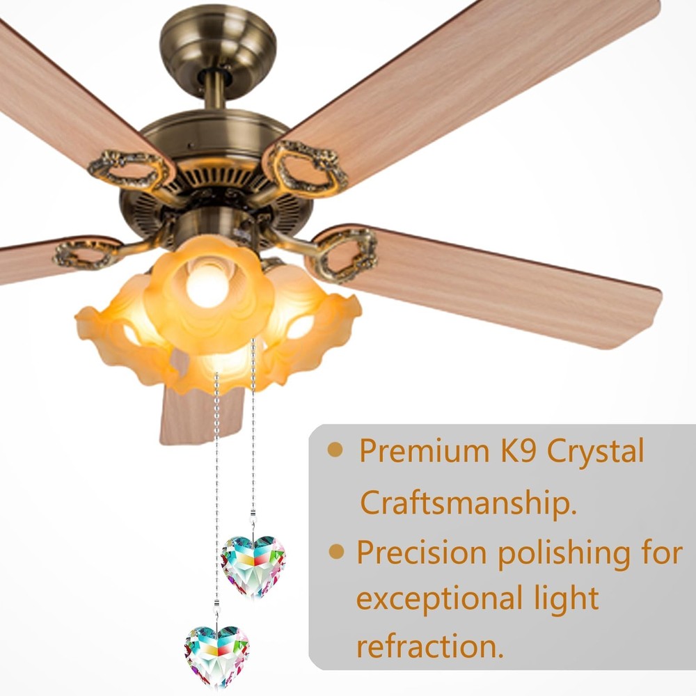 Ceiling Fan Pull Chain Extender - 2 Pack 12 Inches Decorative Crystal Heart P...