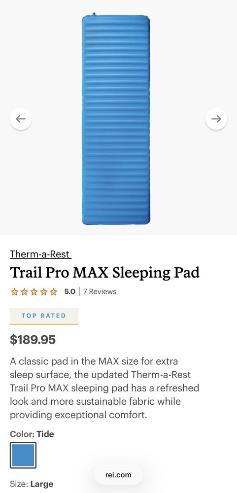 Thermarest Trail Pro Max Large Camping backpacking Sleeping Pad 4.4R Value