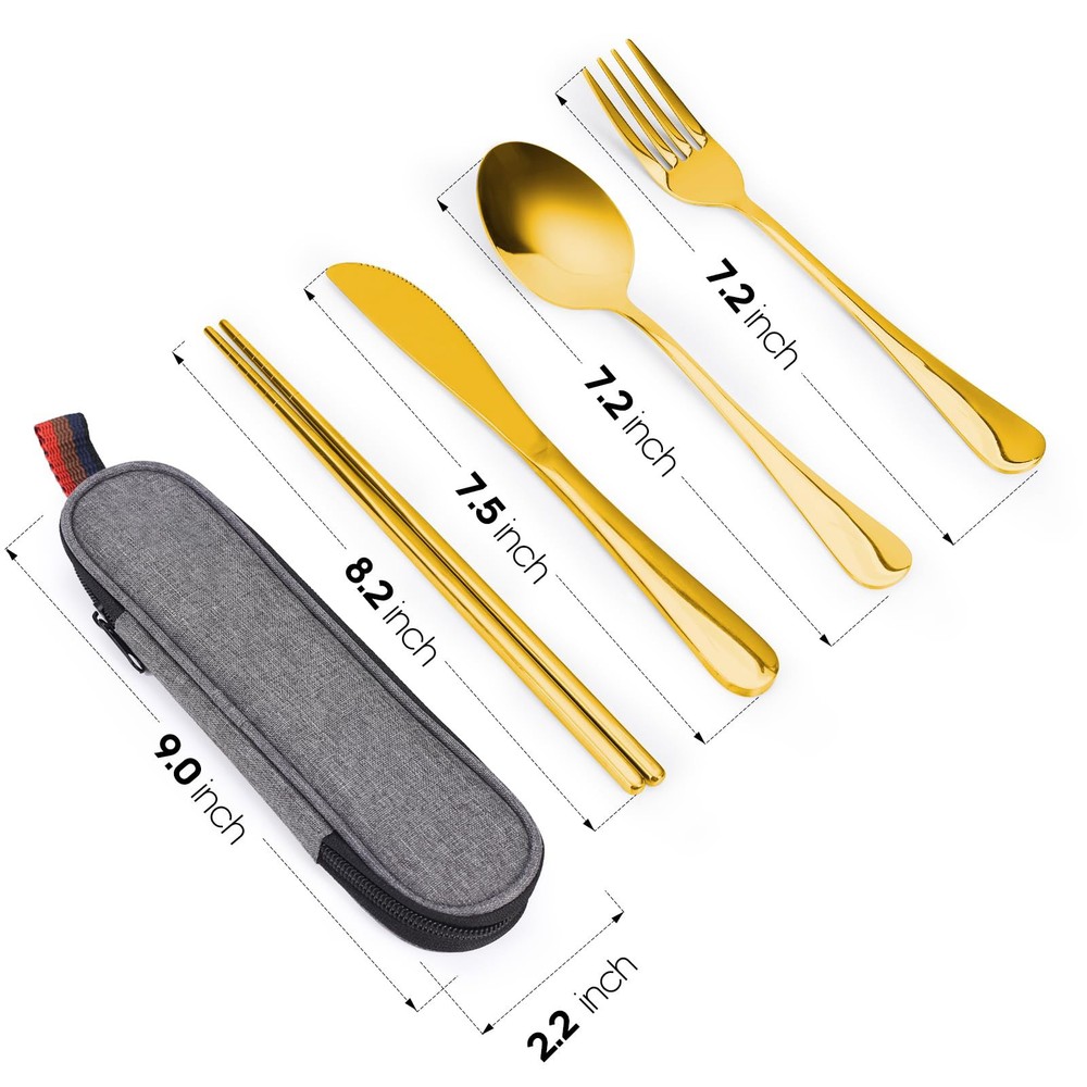 Reusable Travel Utensils, Camping Silverware Set, Lunch Box Accessory, Gold