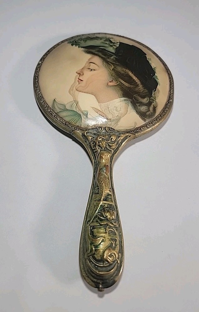 Victorian Beveled Hand Mirror  Celluloid Portrait Insert & Brass Mermaid Handle