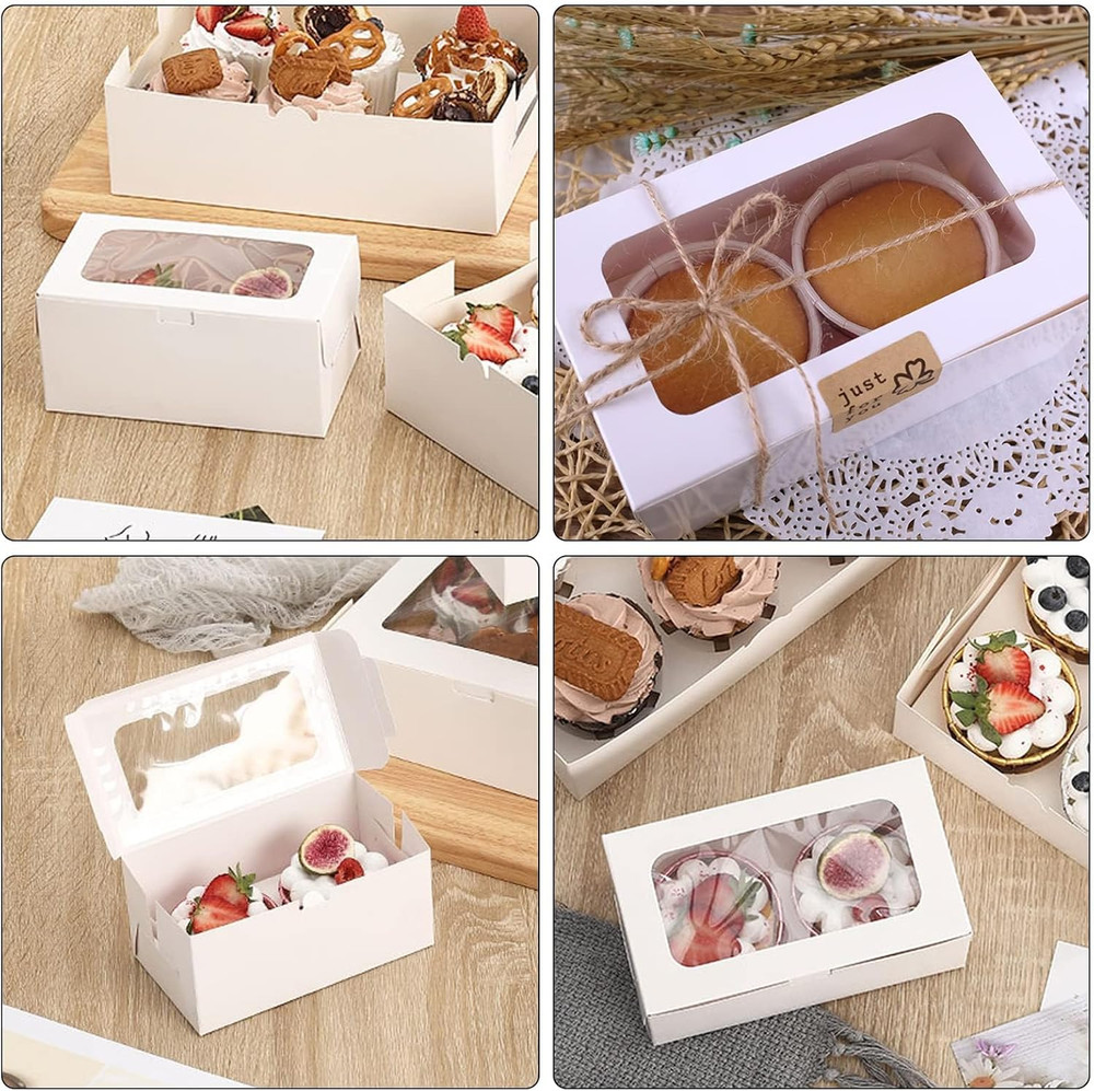 30 Pack White Paper Cupcake Boxes with 2 Cavity Cookie Gift Boxes with Clear Win