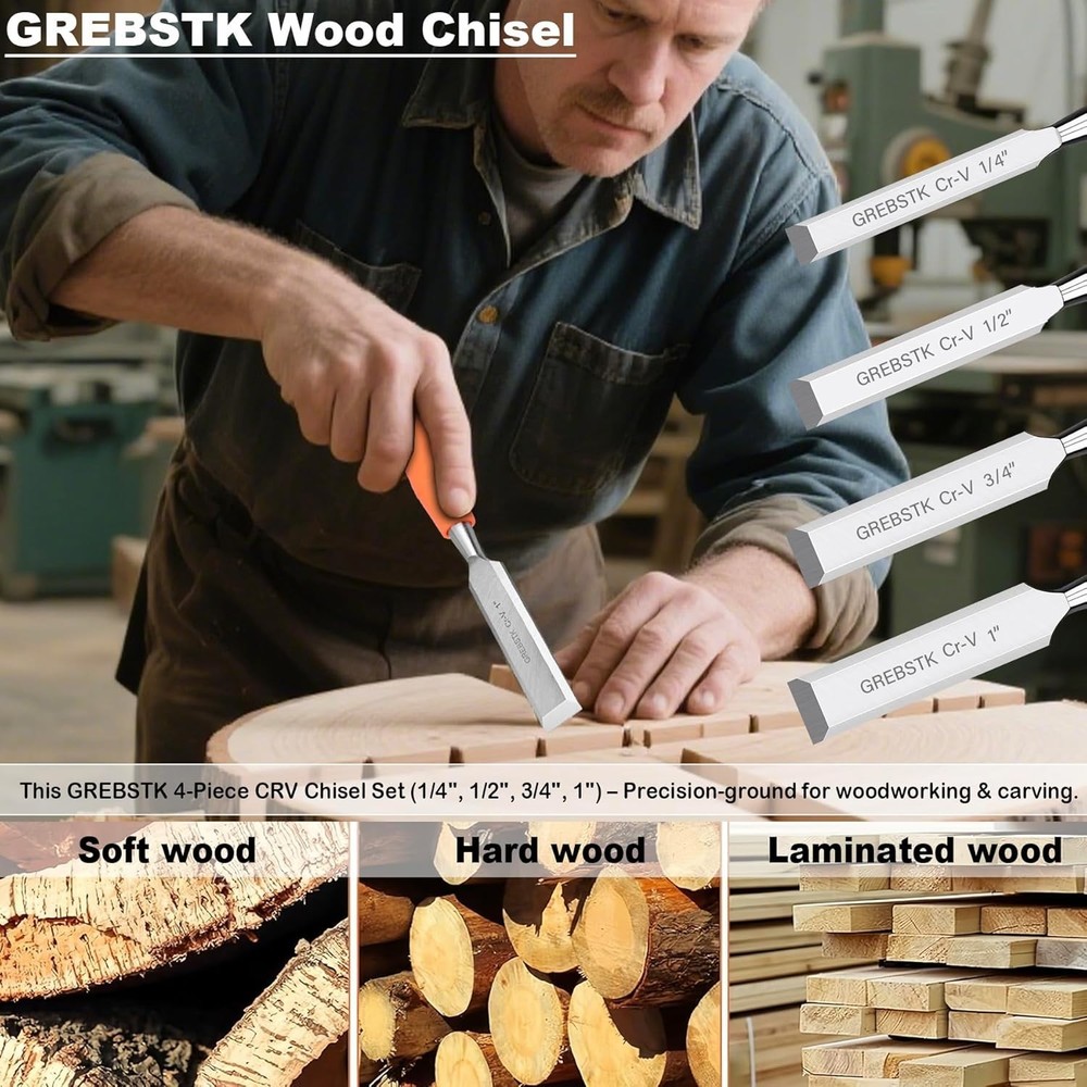 4-Piece Chisel Set with Ergonomic Handle & Blade Guards for Woodworking