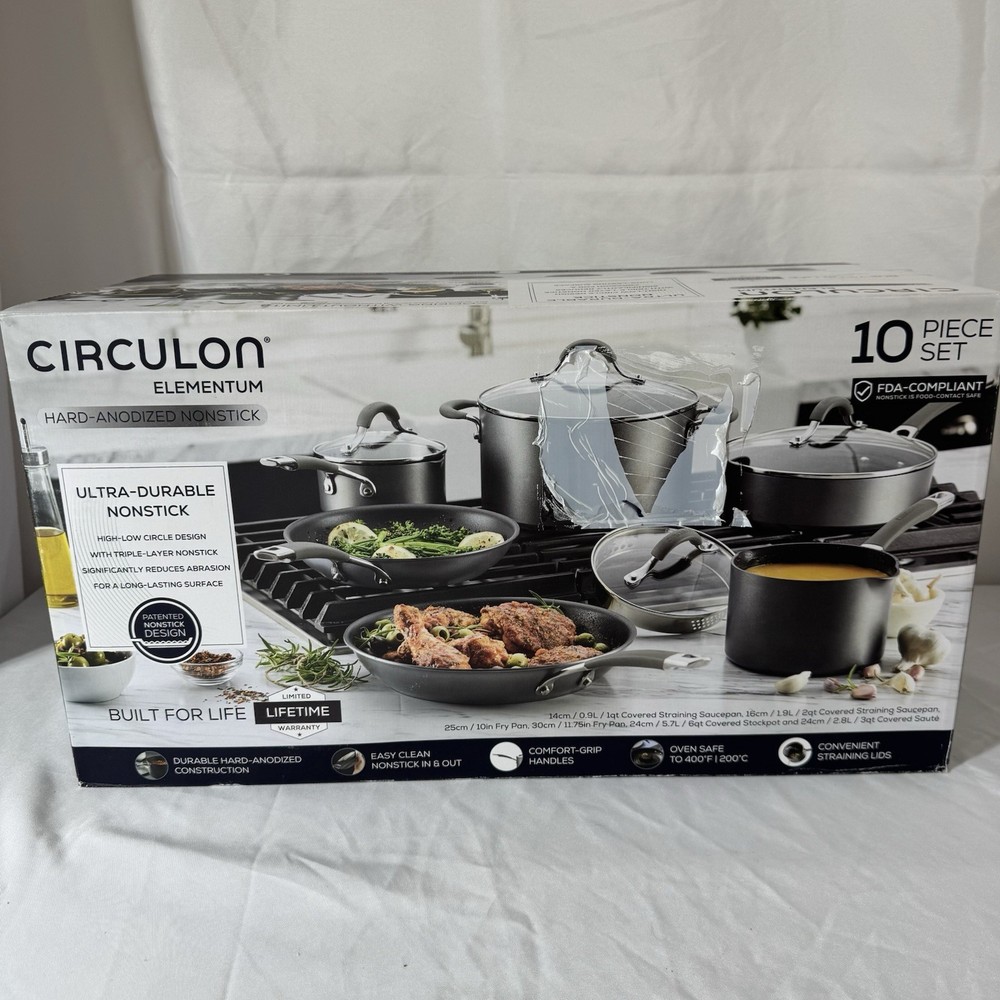 Complete Circulon Elementum 10pc Hard-Anodized Nonstick Cookware Set Silver MINT