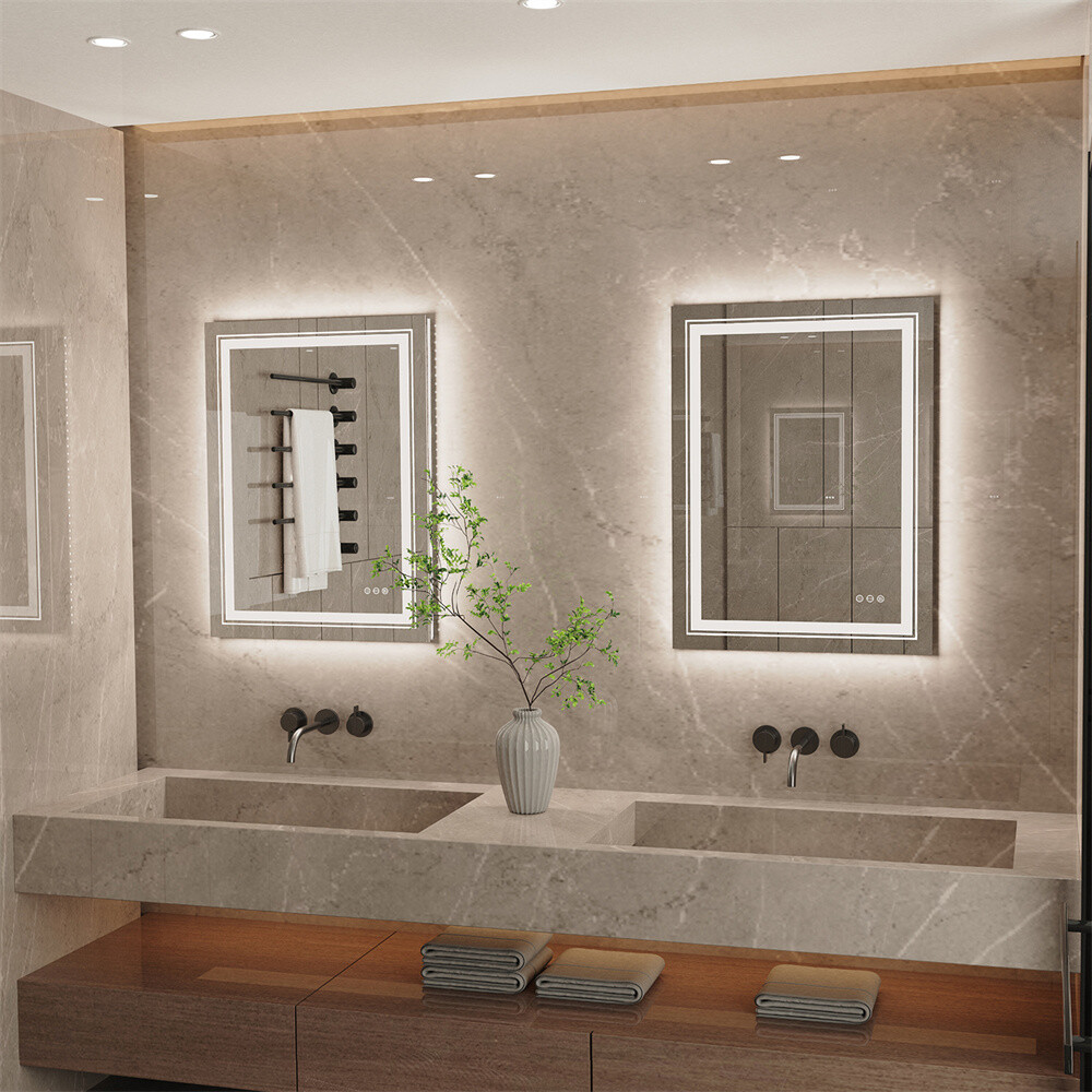 LED Mirror for Bathroom Vanity Front Light + Backlit Stepless Dimmable Anti-Fog