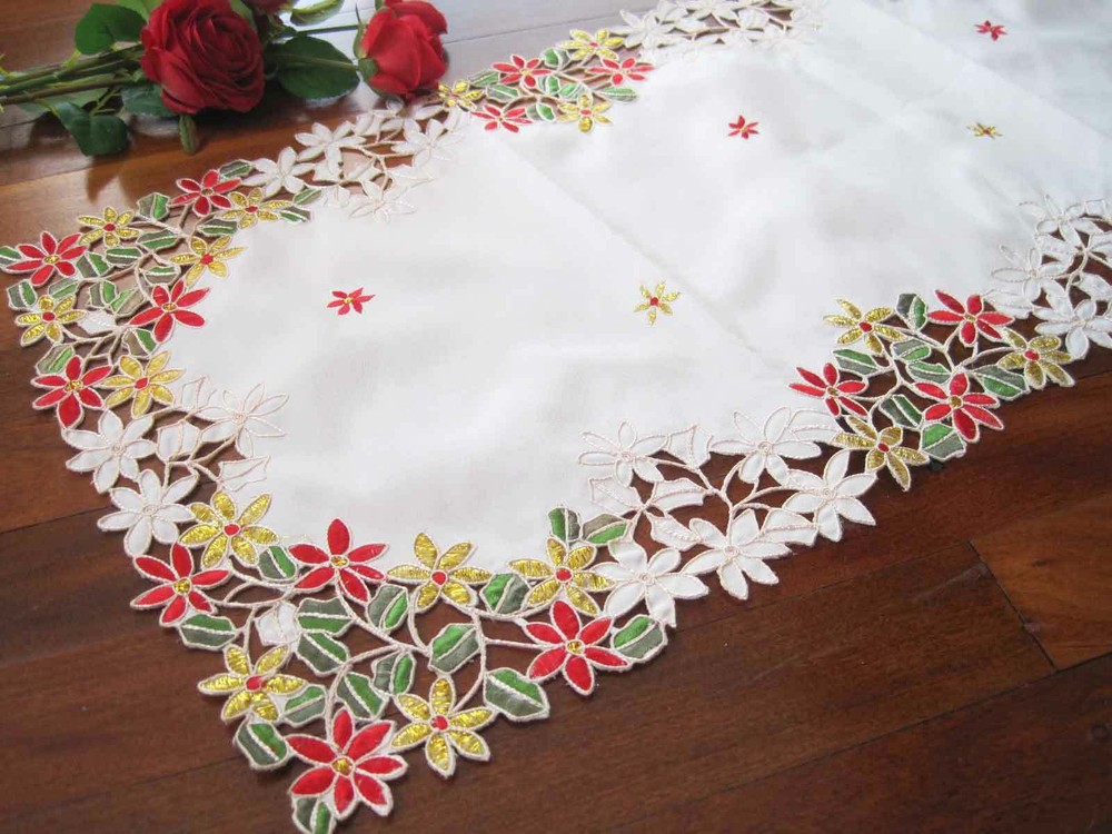 Pretty Red Golden Thread Flower Embroidery Cutwork Ivory Table Runner XL