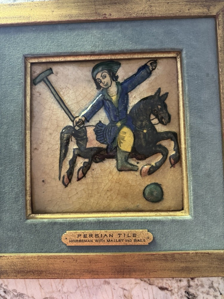 Framed Persian Qajar Handmade Ceramic Tile Polo Age Unknown