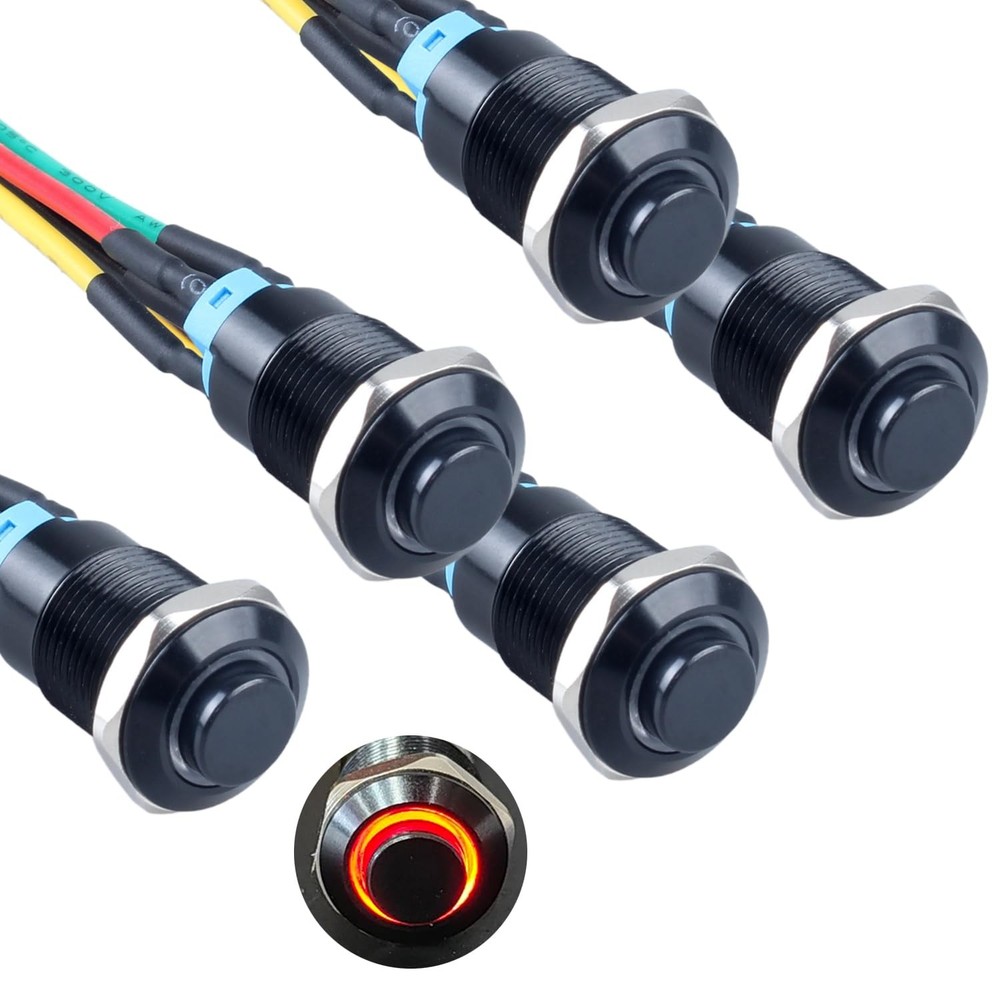 5Pcs 12mm Latching led Push Button Switch Black Shell with Shell, Red