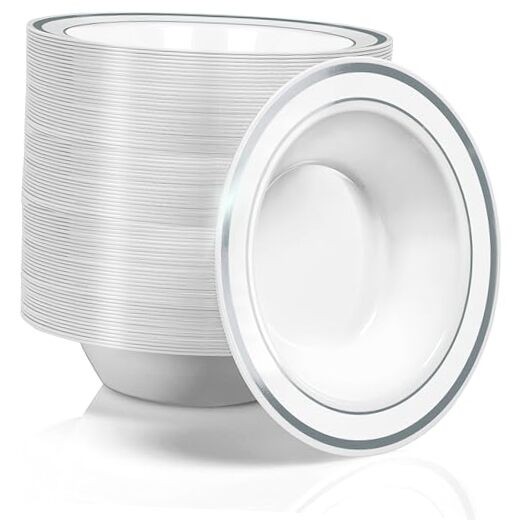 Plastic Party Bowls () 12 Oz Elegant Disposable Dinnerware – 100 Pack Silver