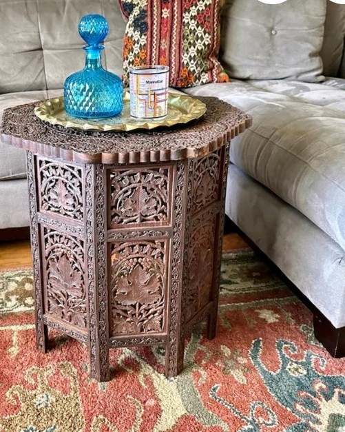 Indian Carved Wood Hexagonal Side Table. selling for much more on diff sites.